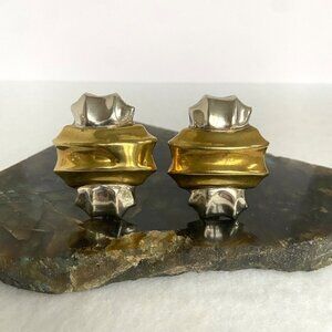 VTG Sterling Silver 925 Taxco Modernist Brass Accent Hollow Clip On Earrings